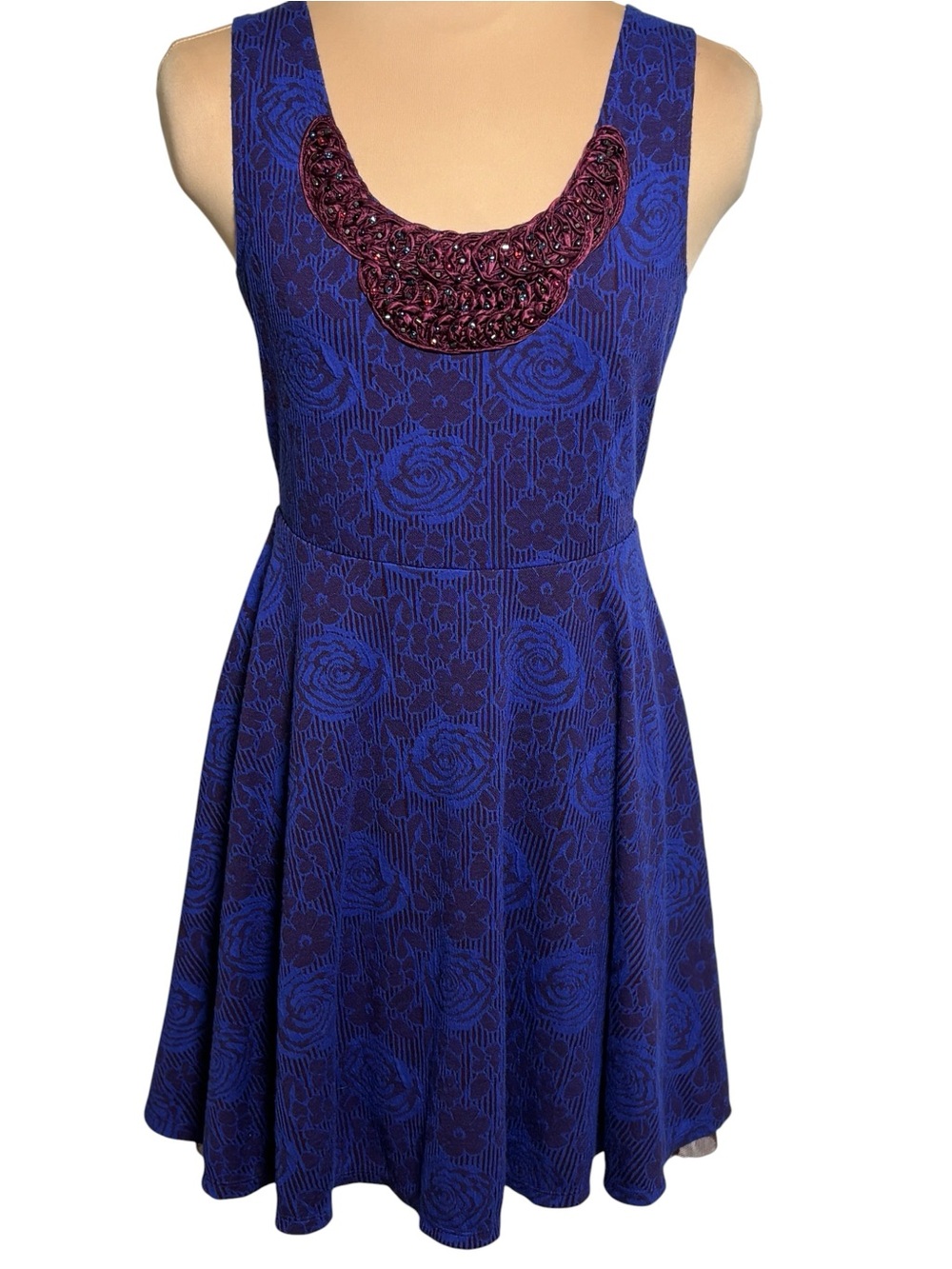 Free People Blue Beaded Fit Flare Dress Sleeveless Floral Size M